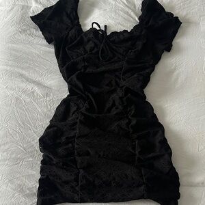 Black Eyelet Ruched Mini Dress